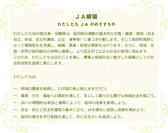 ＪＡ綱領 わたしたち ＪＡ のめざすもの わたしたちＪＡの組合員・役職員は、協同組合運動の基本的な定義・価値・原則（自主、自立、参加、民主的運営、公正、連帯等）に基づき行動します。そして地球的視野に立って環境変化を見通し、組織・事業・経営の革新をはかります。さらに、地域・全国・世界の協同組合の仲間と連携し、より民主的で公正な社会の実現に努めます。このため、わたしたちは次のことを通じ、農業と地域社会に根ざした組織としての社会的役割を誠実に果たします。 わたしたちは、一．地域の農業を振興し、わが国の食と緑と水を守ろう。一．環境・文化・福祉への貢献を通じて、安心して暮らせる豊かな地域社会を築こう。一．ＪＡへの積極的な参加と連帯によって、協同の成果を実現しよう。一．自主・自立と民主的運営の基本に立ち、ＪＡを健全に経営し信頼を高めよう。一．協同の理念を学び実践を通じて、共に生きがいを追求しよう。